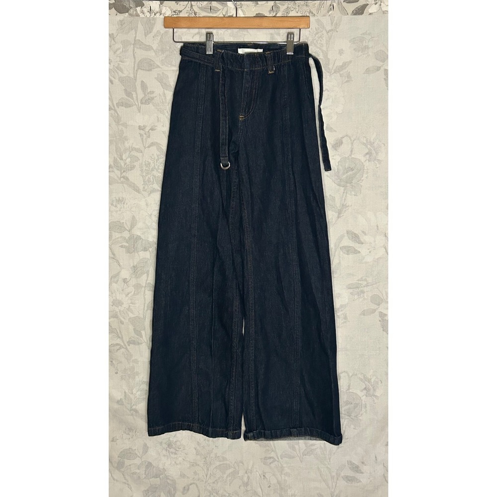 Womens Wide Leg Denim Jeans Dark Wash Belted Cropped Palazzo Style